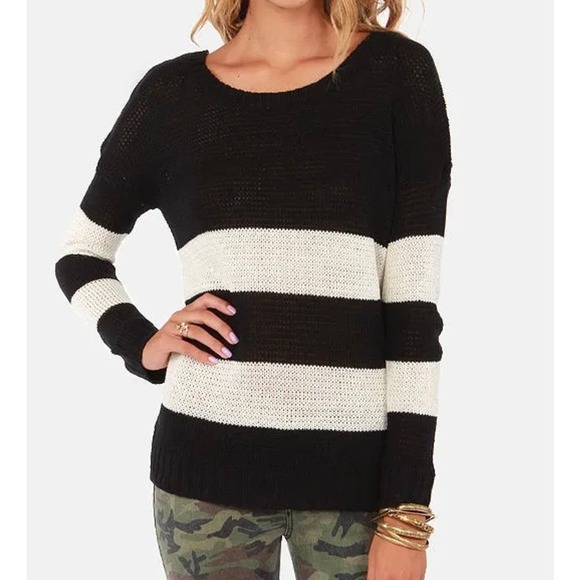 Olive & Oak Sweater Ivory & Black Striped Criss Cross Back Size Medium - Picture 2 of 9